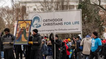 Demonstrators hold up "Orthodox Christians for Life" sign