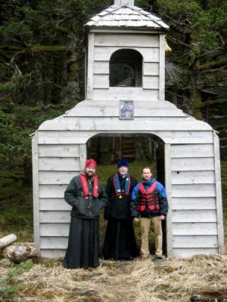 Fr. John Dunlop, Fr. Chad Hatfield, and Ian Jones on Spruce Island, where St. Herman of Alaska lived